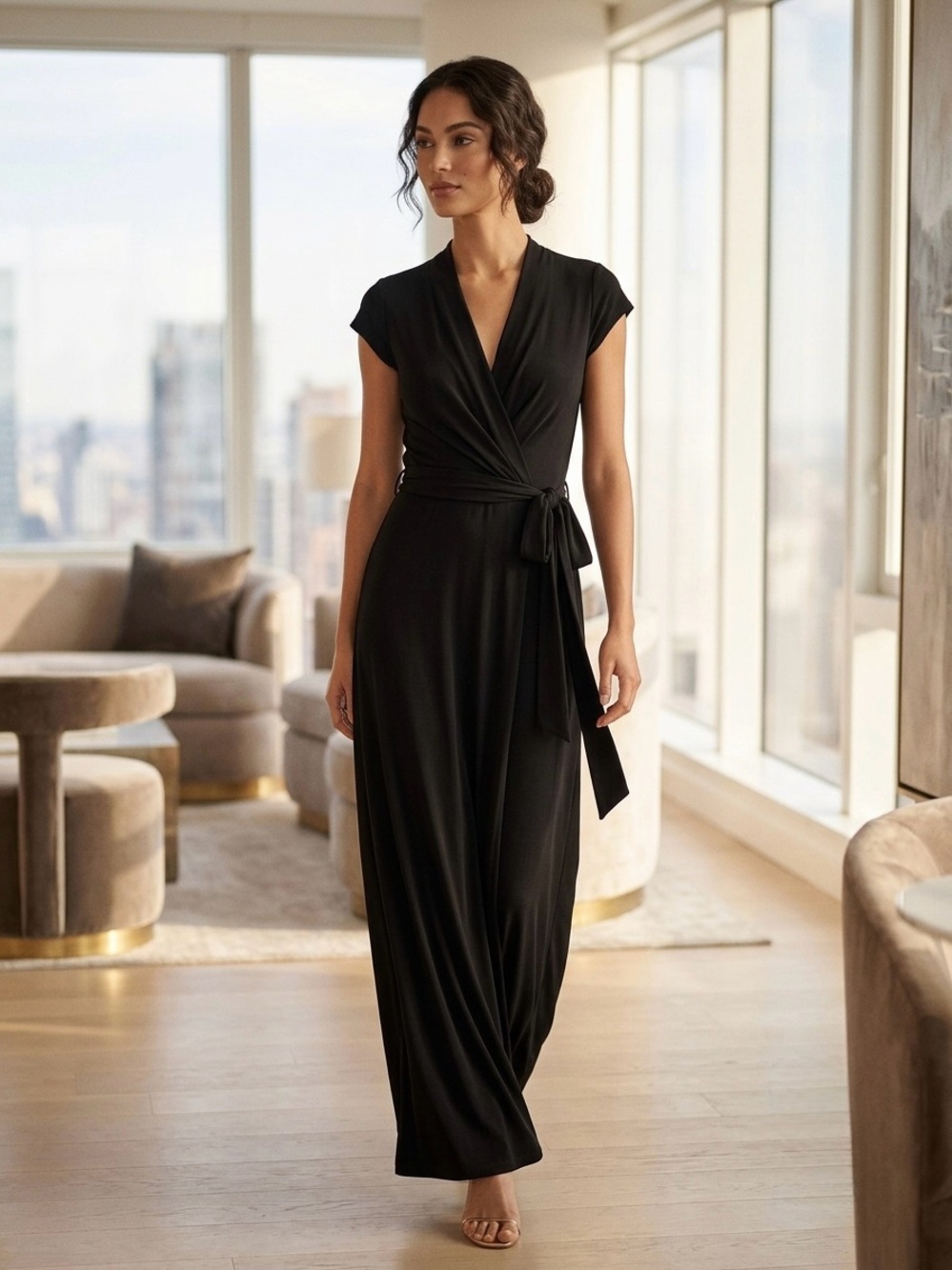 Michael Kors Black Jersey Wrap Maxi Dress with Gold Logo Plate Size 2